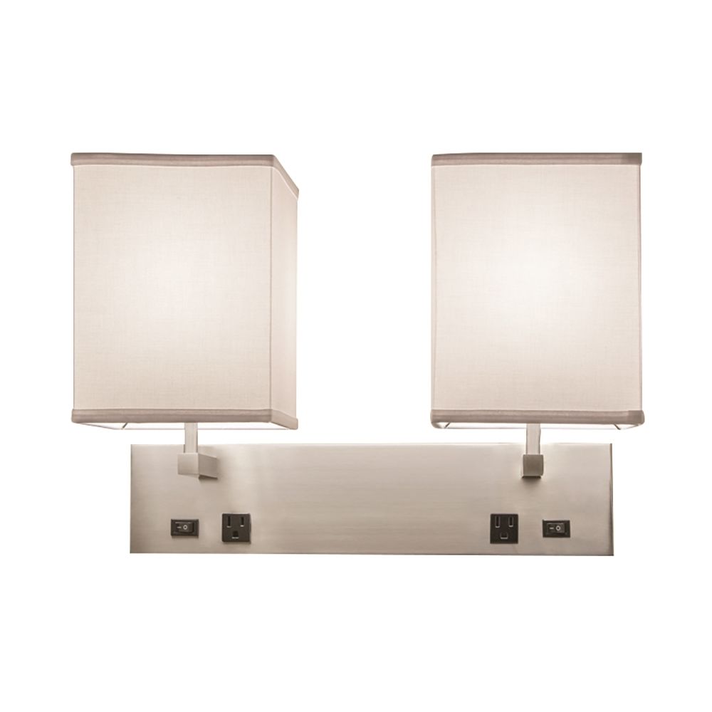 Double Nightstand Sconce, 2 Convenience Outlets, 18" W x 13-1/2" H x 8" D, Brushed Nickel